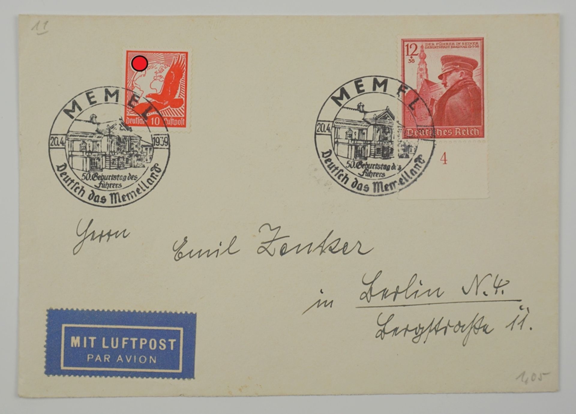 Privater Umschlag mit Luftpostaufkleber, 1939