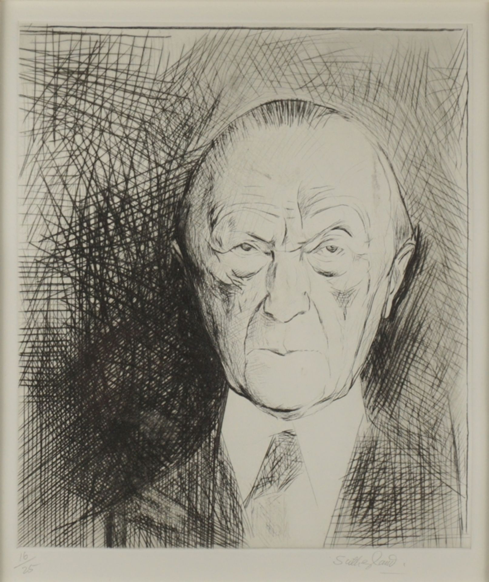 Graham Vivian Sutherland (1903, London - 1980, Kent/UK), "Porträt von Konrad Adenauer", Radierung 