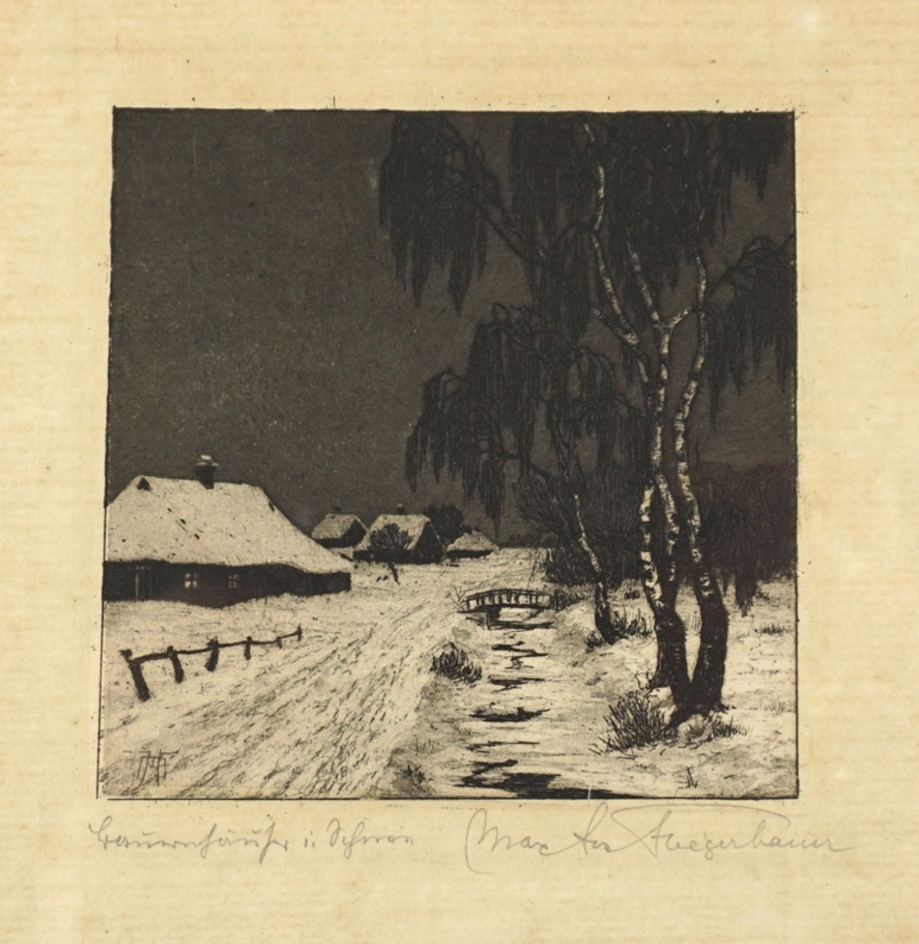 Max Josef Fliegenbauer (1874, Etzelbach - ca. 1955), "Bauernhäuser im Schnee", Radierung