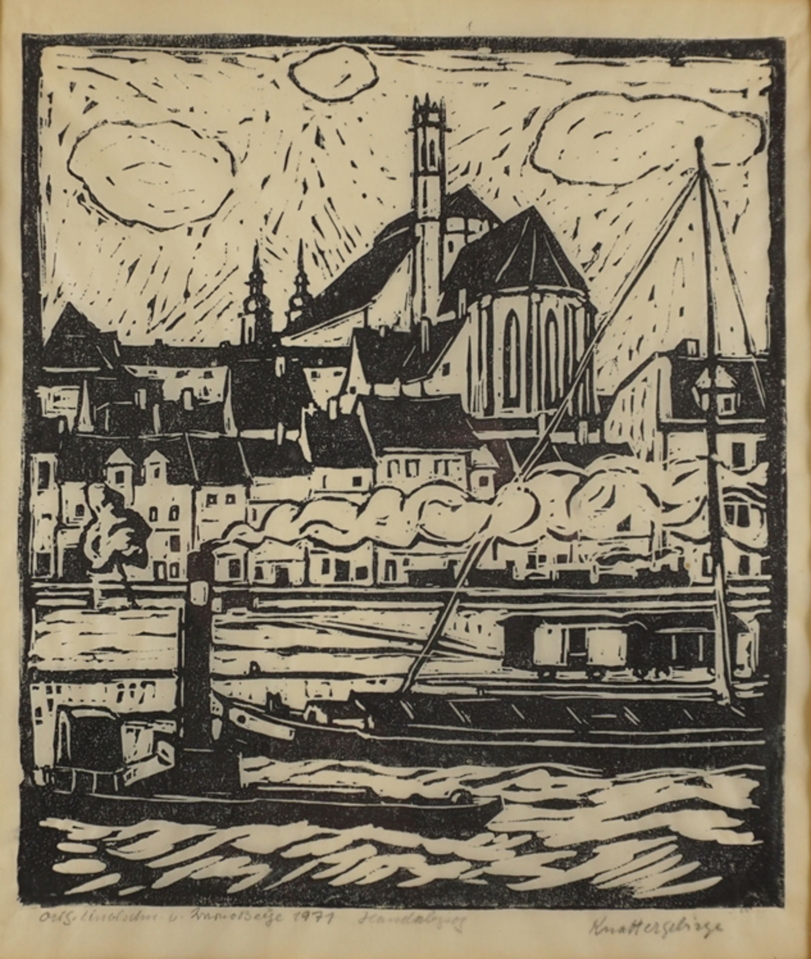 Bruno Beye (1895 - 1976, Magdeburg), "Knattergebirge (mit St. Petri, vom Werder aus gesehen)", 1971