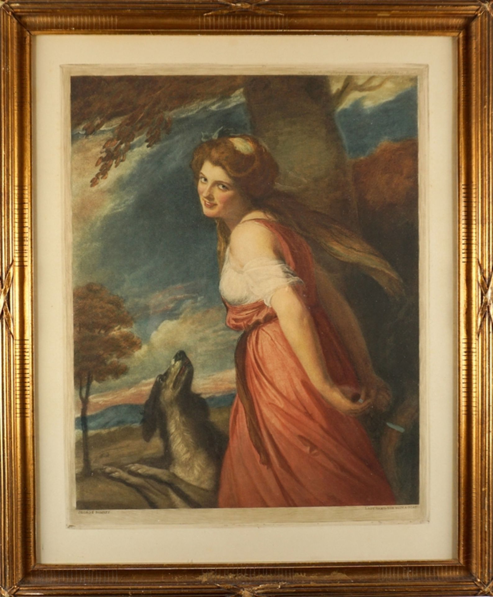 Farblithographie nach George Romney, "Lady Hamilton mit Hund", 19. Jh.