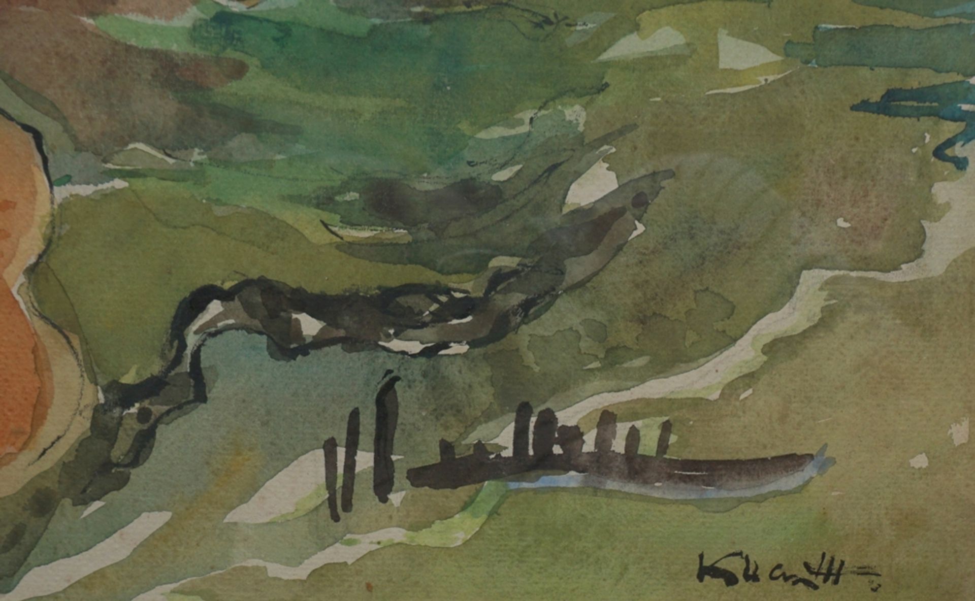 Albert Klatt (1892-1970, Berlin), "Küste mit Bauernkate und angelegten Booten", Aqu - Image 3 of 4