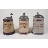 3 Keramikbierkrüge mit Trinksprüchen, um 1920