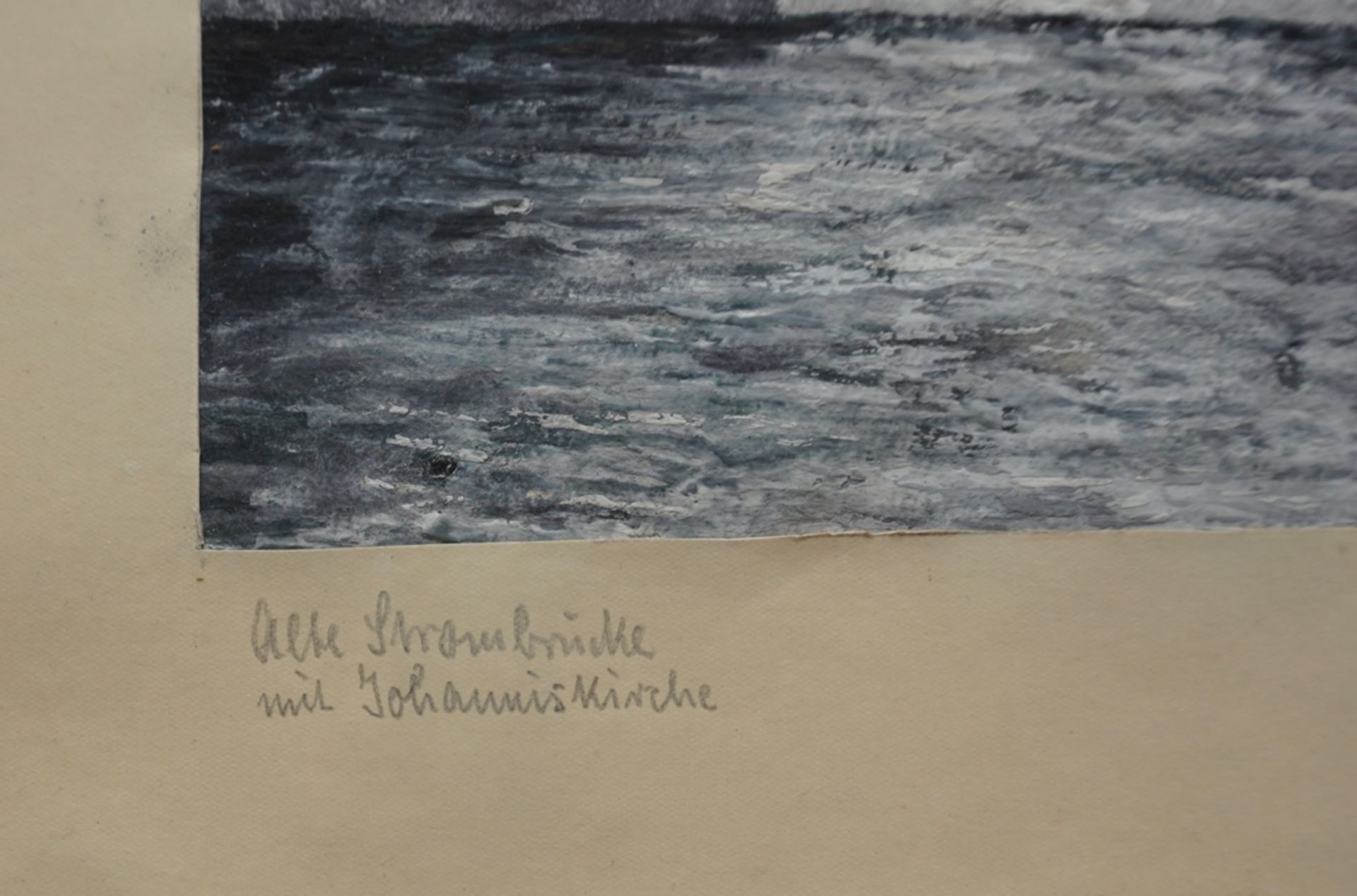 undeutl. signiert, "Alte Strombrücke mit Johanniskirche (in Magdeburg)", 1952, Öl/Papier - Image 3 of 4