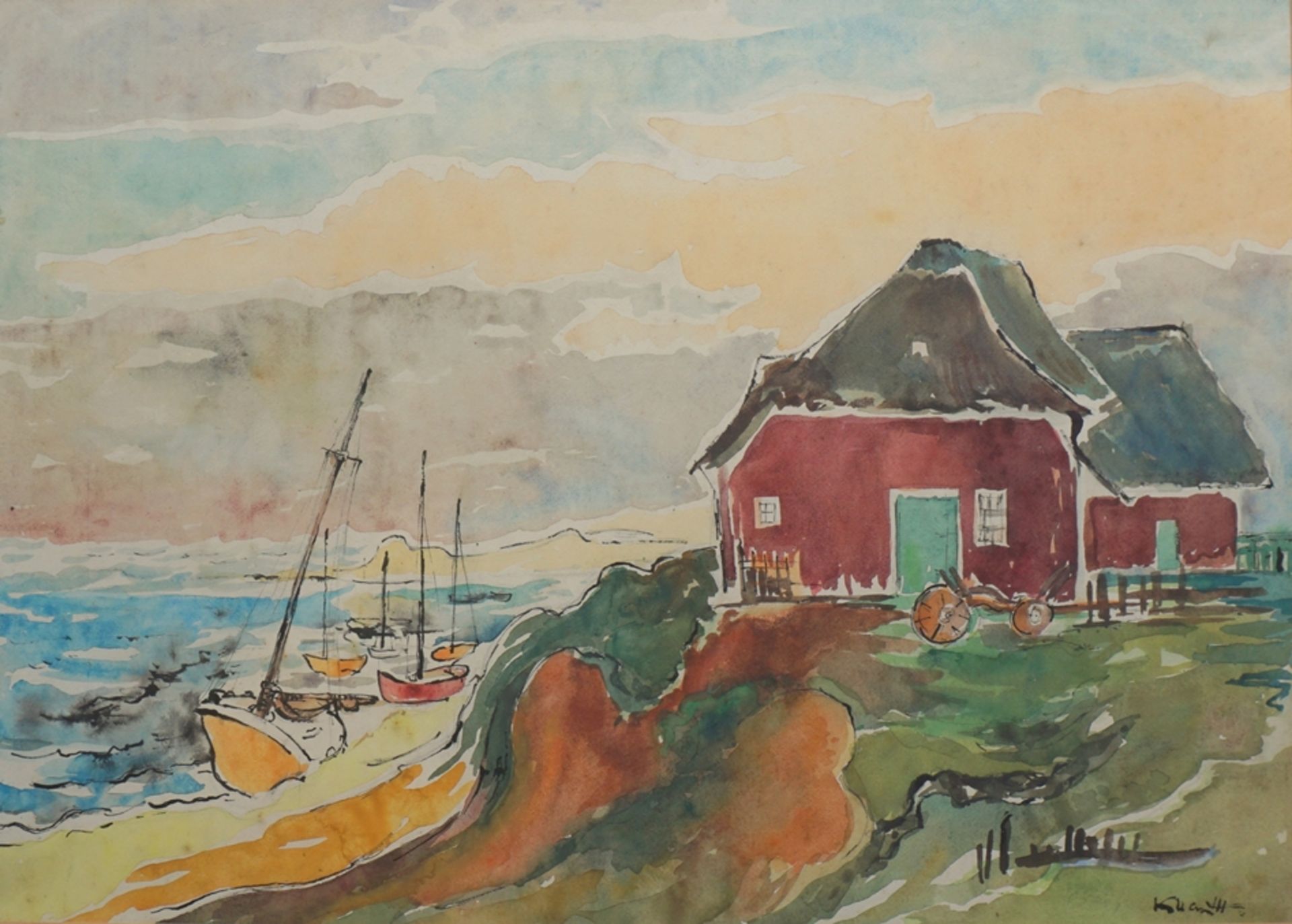 Albert Klatt (1892-1970, Berlin), "Küste mit Bauernkate und angelegten Booten", Aqu