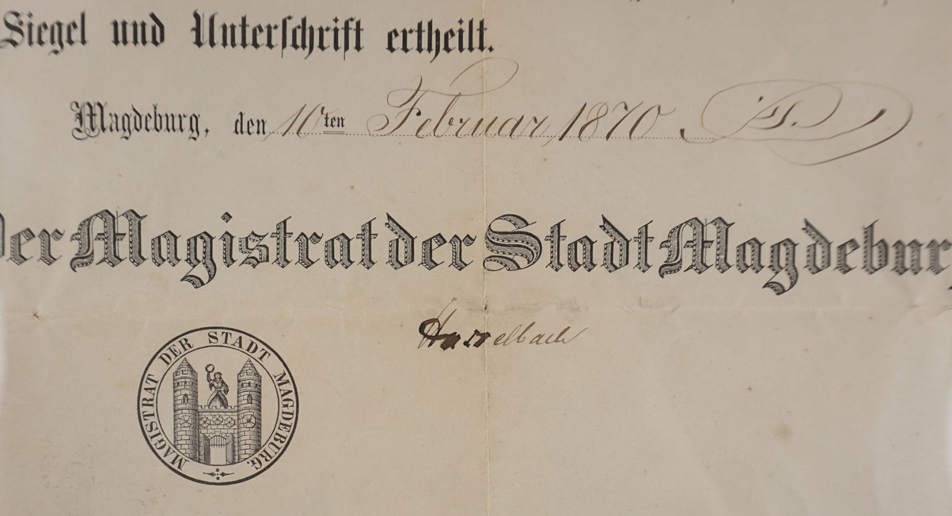 Urkunde vom Magistrat der Stadt Magdeburg zum Eintrag in die Bürgerrolle, mit Original-Unterschrift - Image 2 of 2