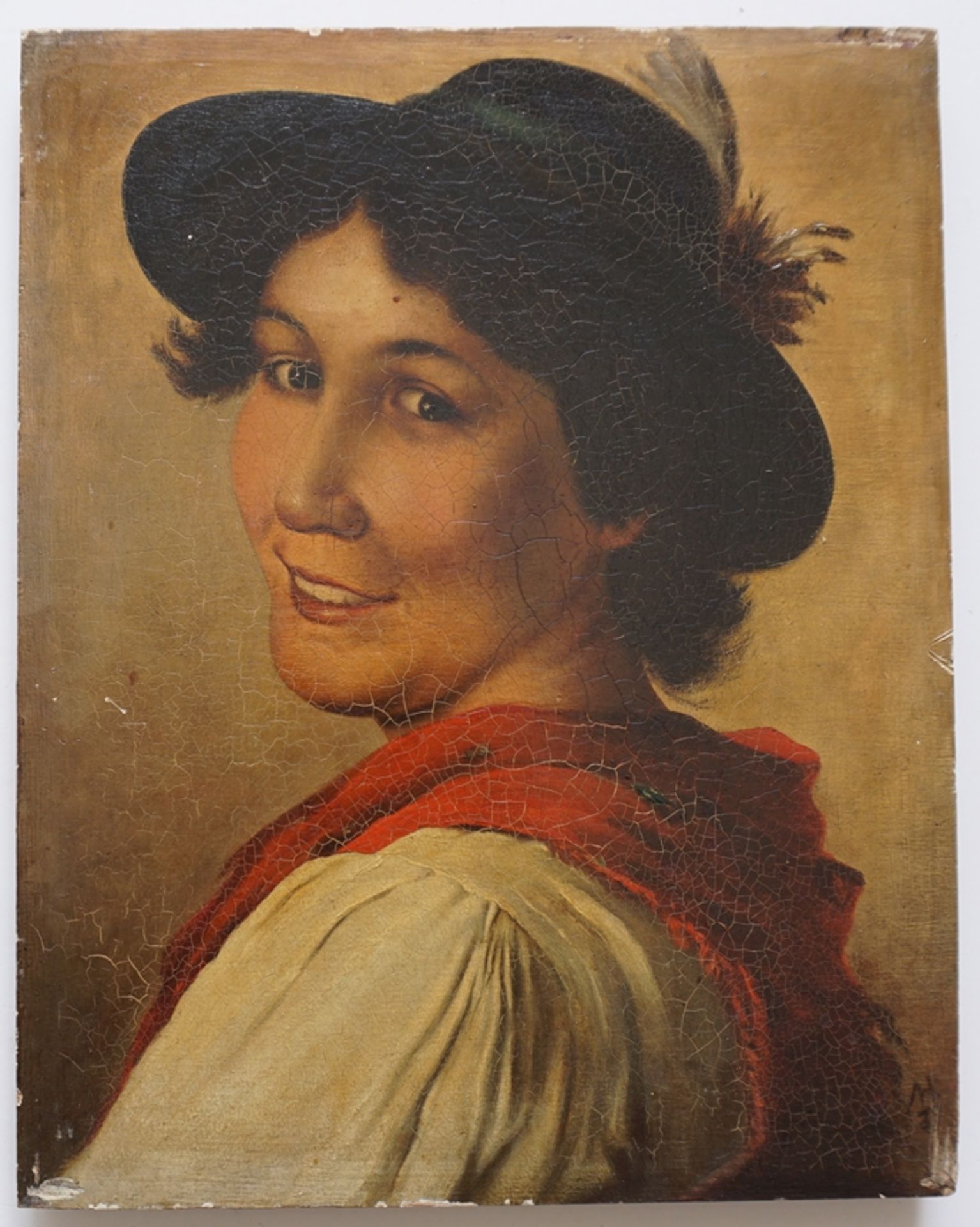 monogr. AH, "Lächelnde Frau in Tracht", Öl/Holz