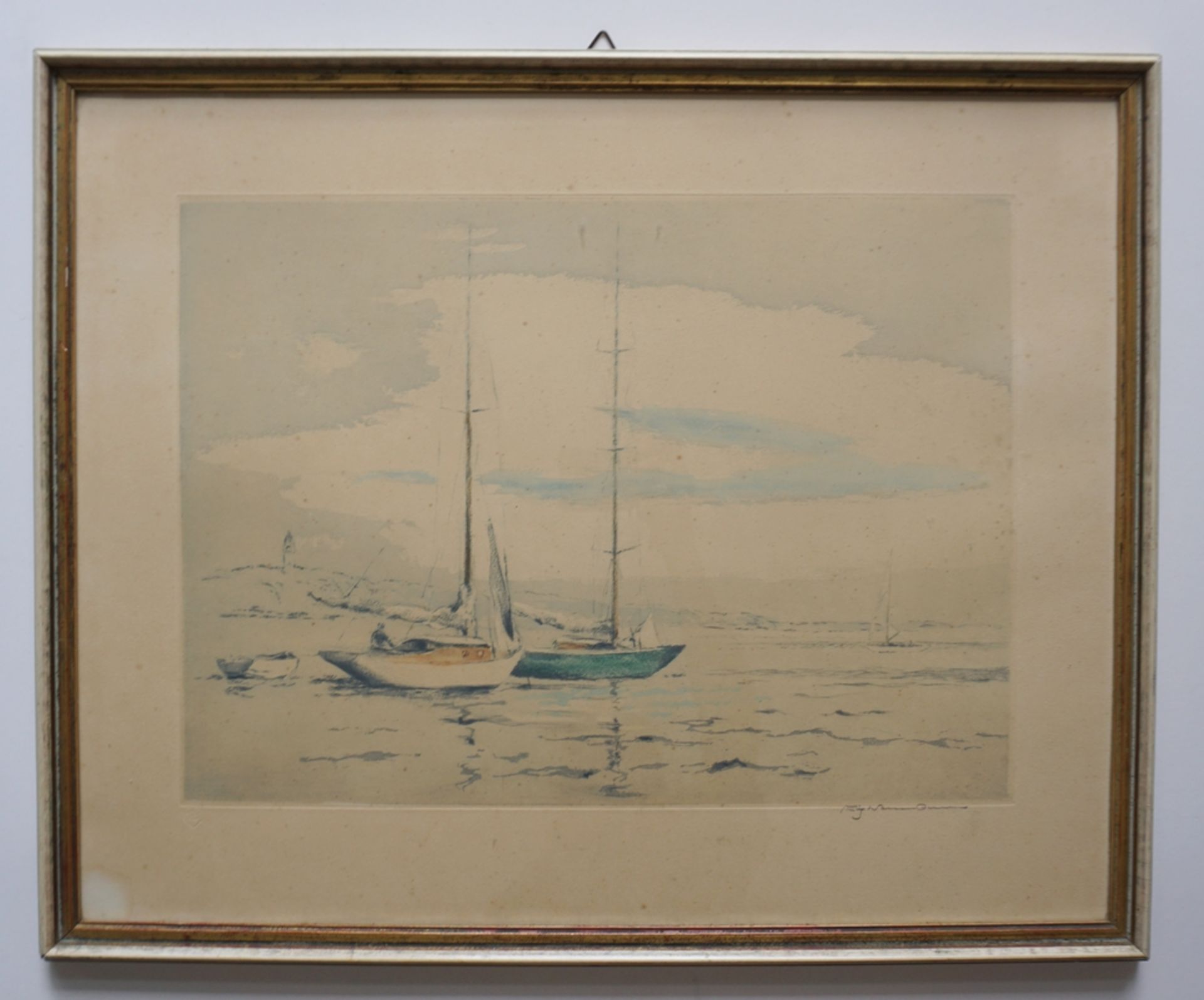 Hermann Fritz Neumann (1858, Elmshorn - 1920, Dresden), "Hafen mit Segelbooten", Farbradierung; daz