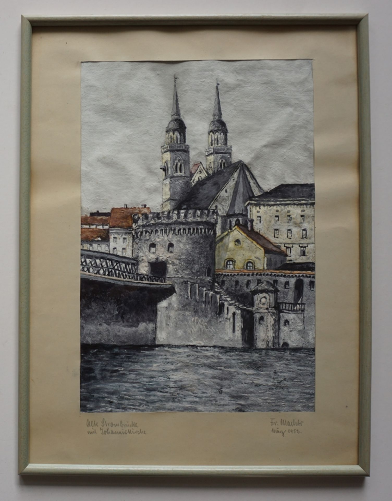 undeutl. signiert, "Alte Strombrücke mit Johanniskirche (in Magdeburg)", 1952, Öl/Papier - Image 2 of 4