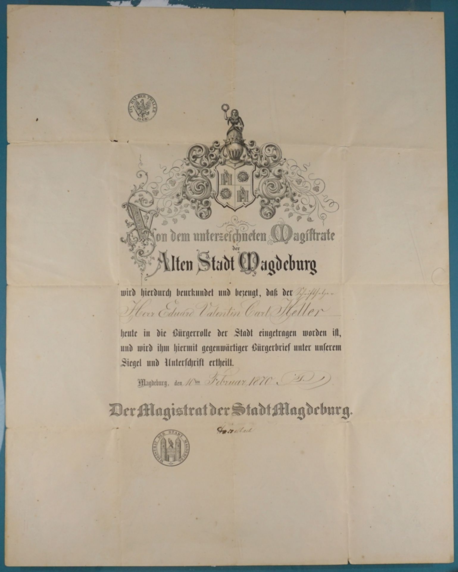 Urkunde vom Magistrat der Stadt Magdeburg zum Eintrag in die Bürgerrolle, mit Original-Unterschrift