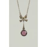 Collier mit violettem Stein und Markasiten, versilbert, Jugendstil, um 1900