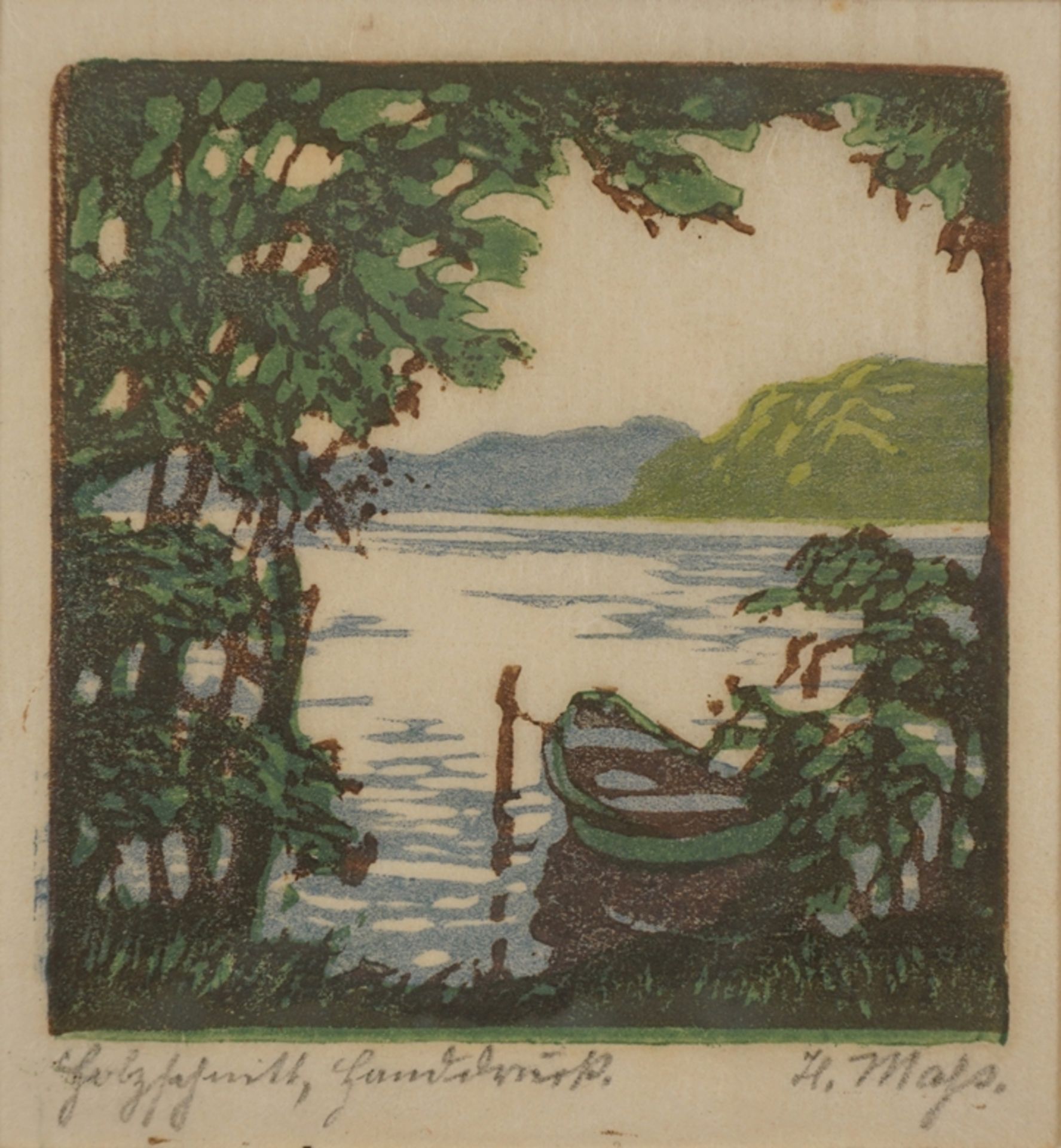 Helene Maß (1871, Schönlanke - 1955, Berlin), "Anlegestelle mit Boot", Farbholzschnitt