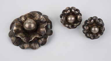 blütenförmige Brosche und Ohrringe, 925er Silber, Mexiko