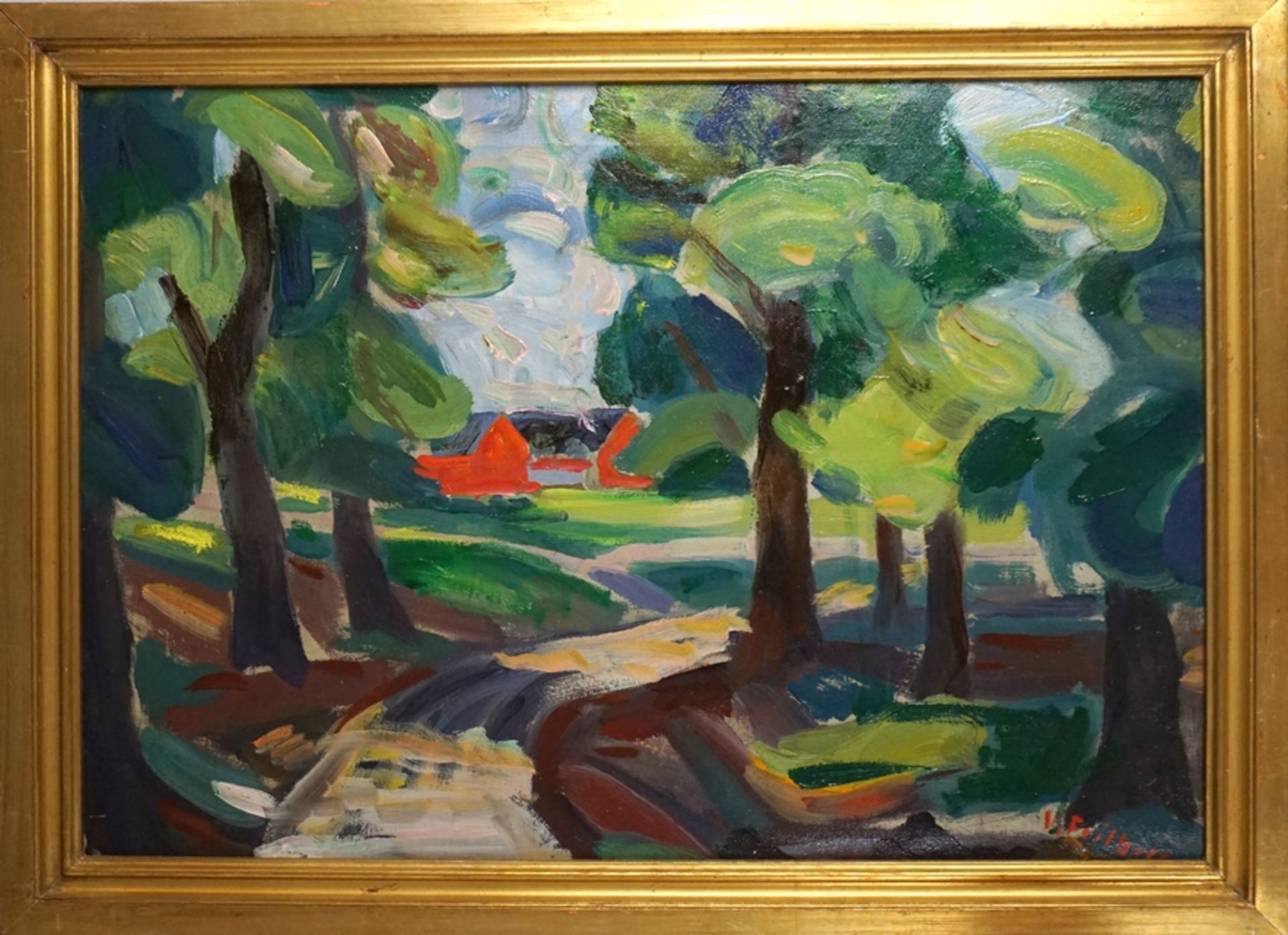 V. Feilberg, "Expressive Landschaft mit roten Häusern", 1. Hälfte 20. Jh., Öl/Lwd.