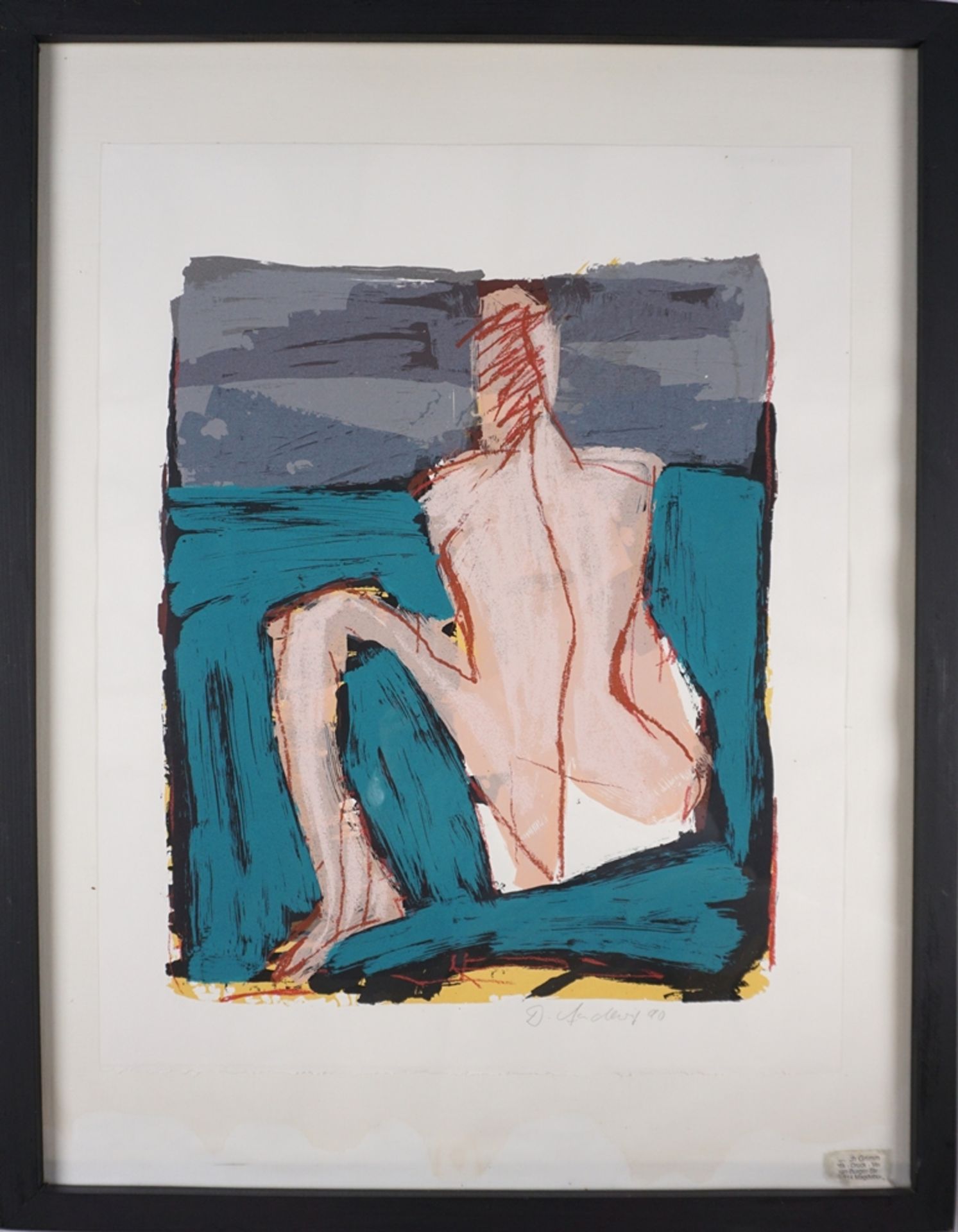Dieter Ladewig (*1953, Blankenburg/H.), abstrakte Farbserigrafie mit Rückenakt, 1990