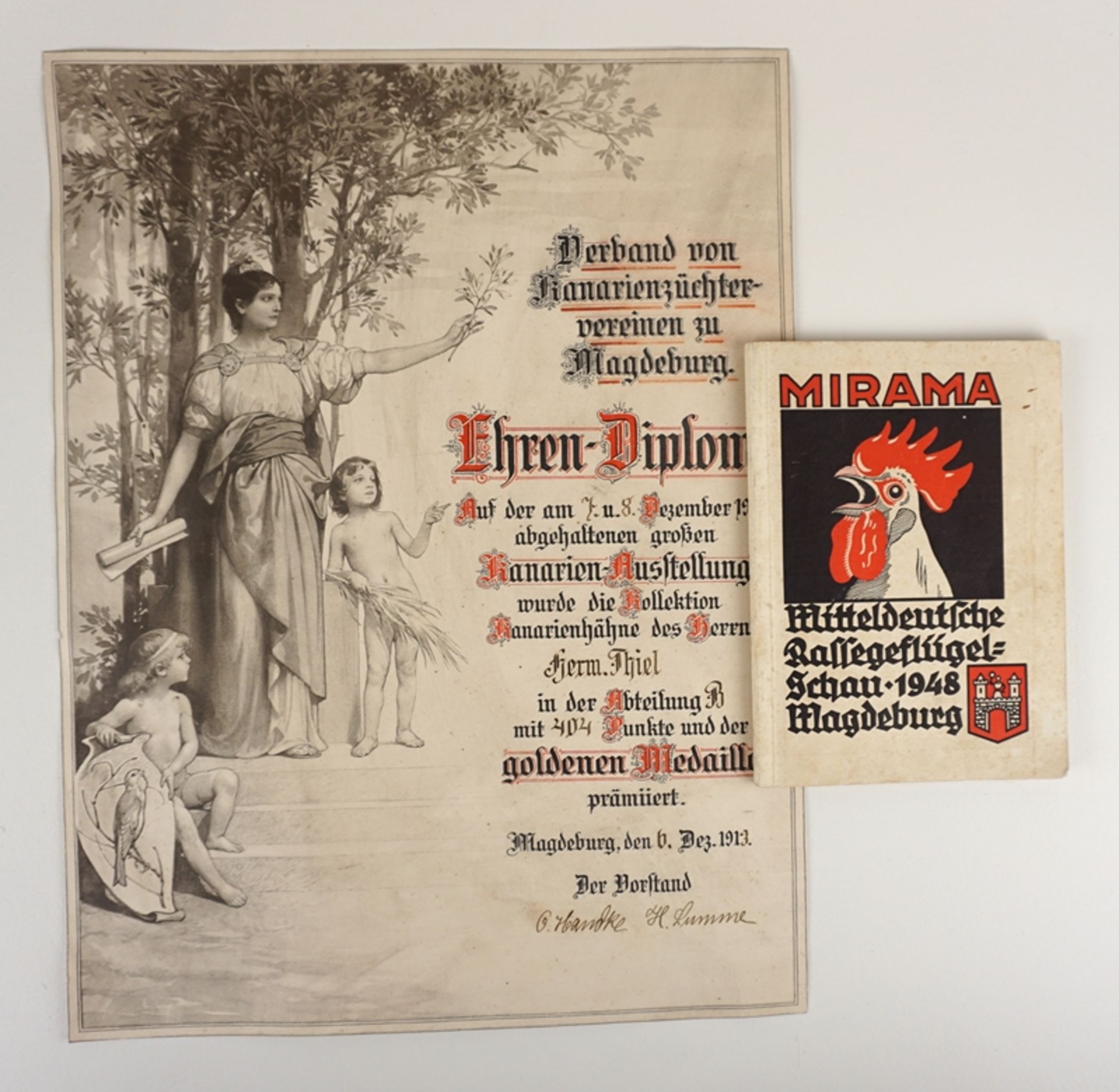 Urkunde "Ehren-Diplom" für Kanarienzüchter, 1913 und MIRAMA Katalog, 1948, Magdeburg