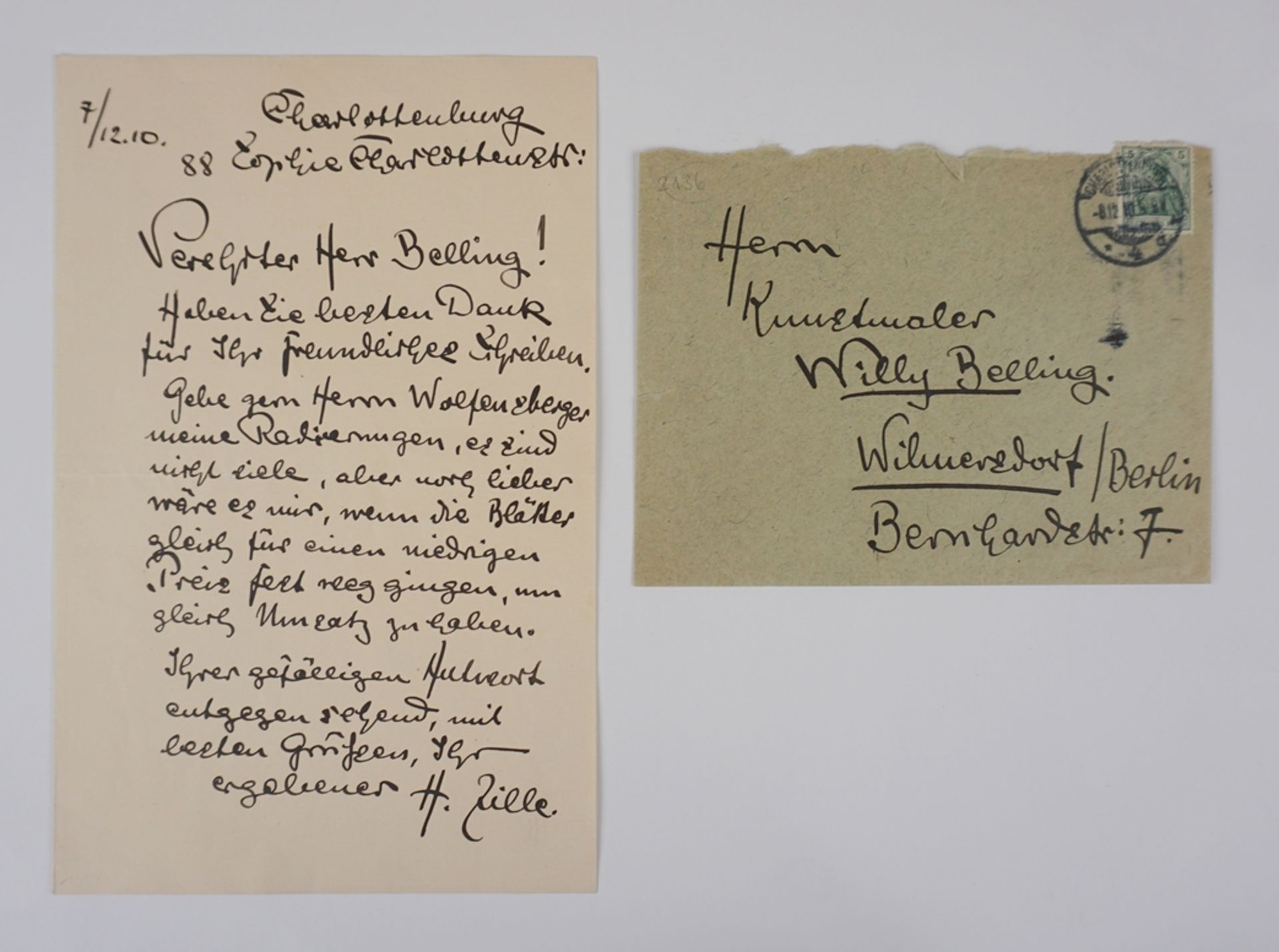 Heinrich Zille (1858, Radeburg b. Dresden - 1929, Berlin), handgeschriebener Brief an Willy Belling