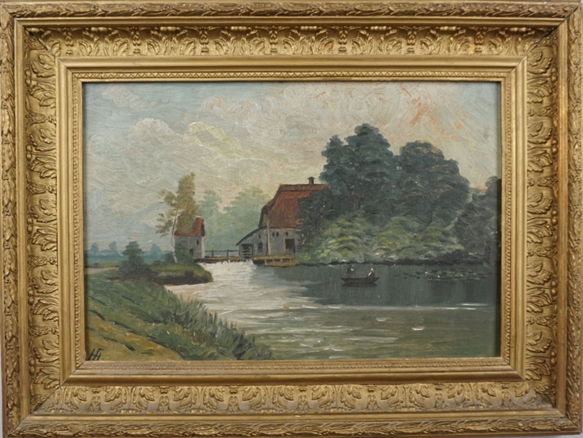 undeutl. monogrammiert, "Flusslandschaft mit Wassermühle", 1. Hälfte 20. Jh., Öl/Hf.