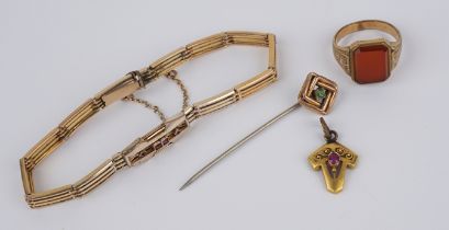 Armband, Ring, kl. Anhänger und Nadel, überwiegend Doublé, Jugendstil