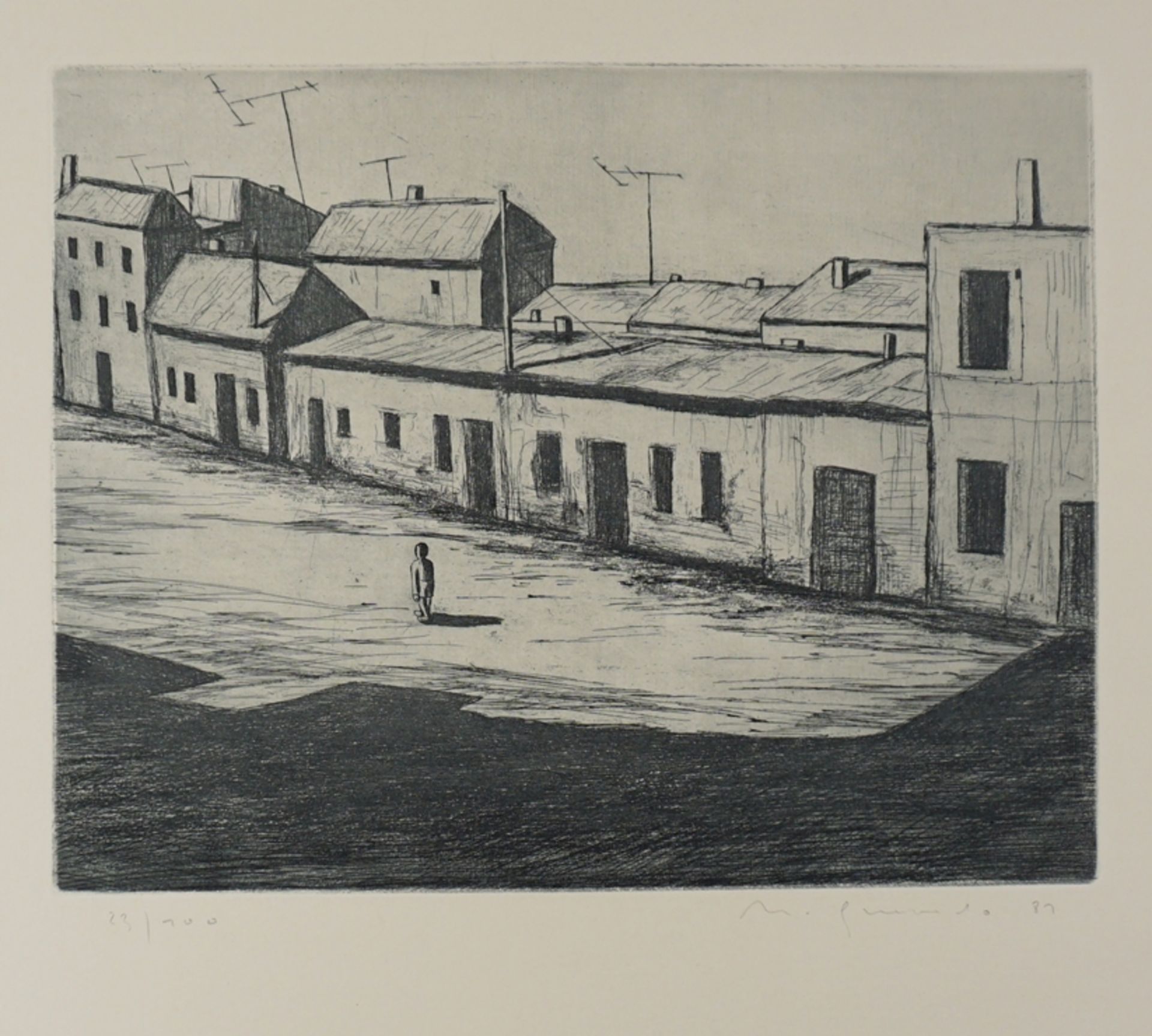 Nuria Quevedo (*1938, Barcelona), "Dorfstrasse", 1981, Aquatinta
