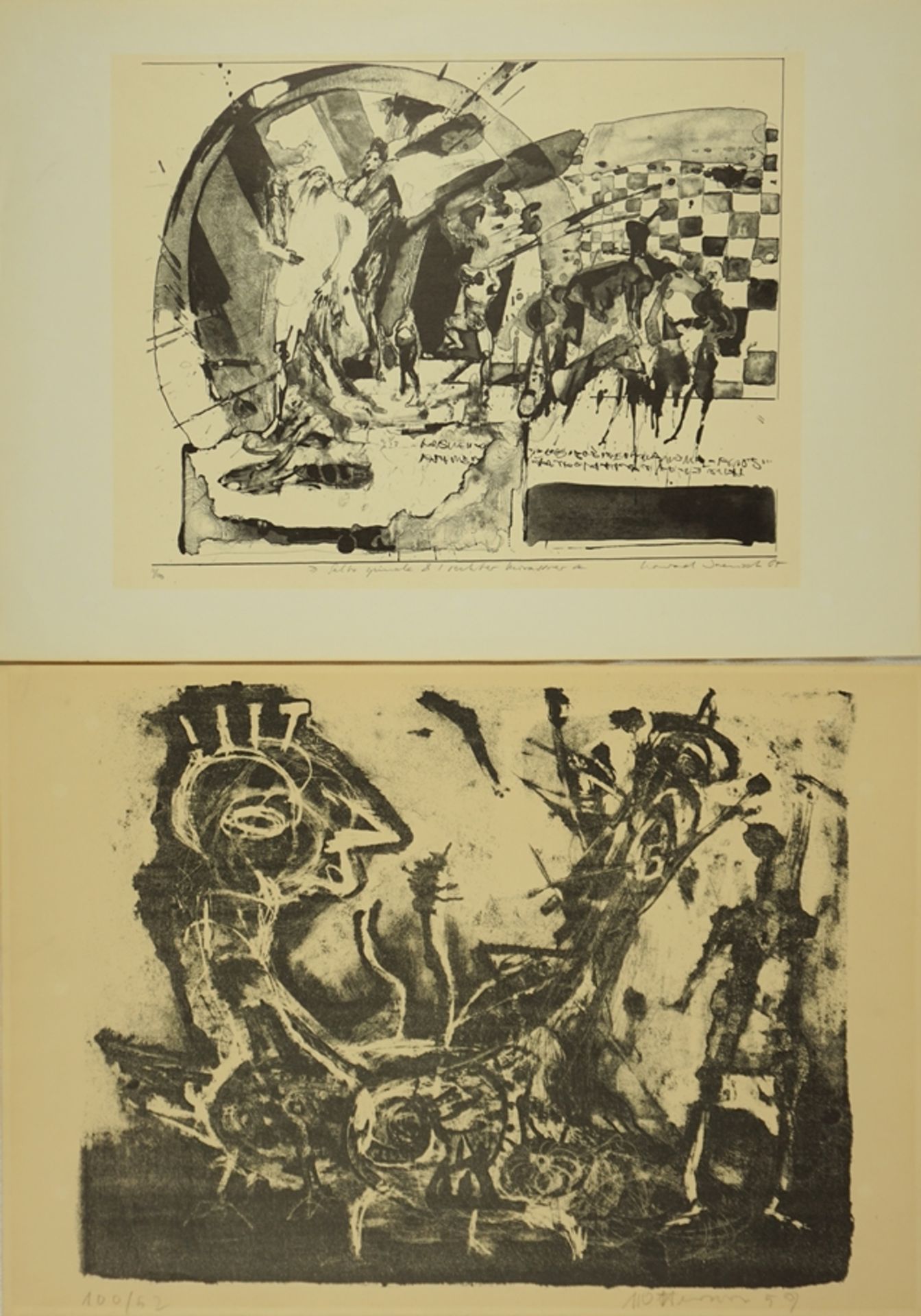 2 Lithografien: Konrad Jaenisch (*1944), "Salto spirale", 1987, und undeutl. signiert "Abstrakte Fi