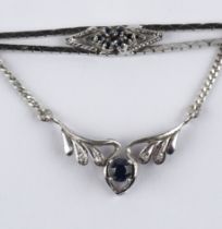 Collier, 925er Silber und Armband, 835er Silber, mit saphirblauen Steinen