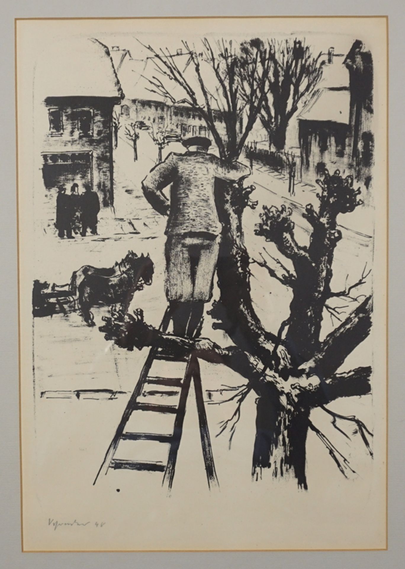 undeutl. sign., 2 Lithografien "Mann im Baum" und "3 Herren im Gespräch", 1948/50