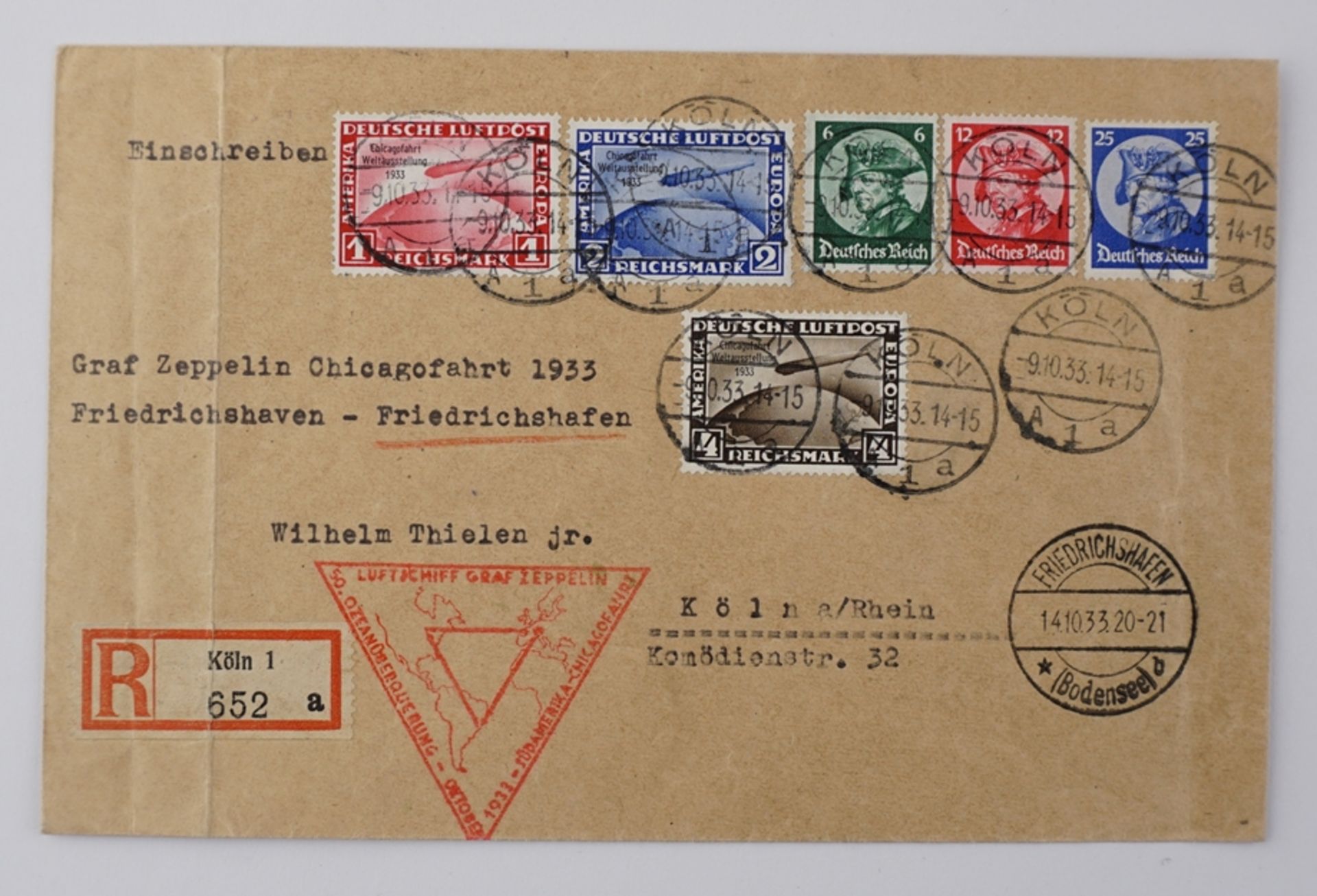 Zeppelin-Brief, Chicagofahrt, Köln-USA-Friedrichshafen, 09.10.1933, mit Prüfzertifikat