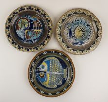 3 runde Keramikreliefbilder mit Tiermotiven, D.25,5cm