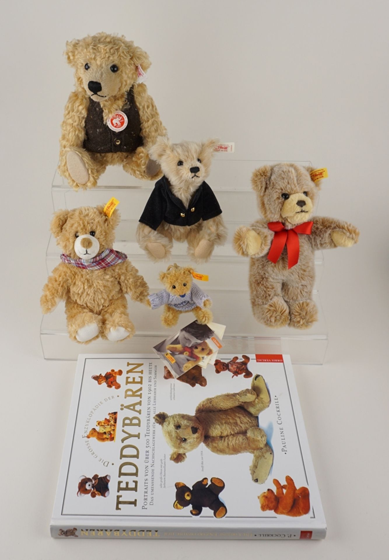 5 STEIFF Teddys und Buch über Teddybären