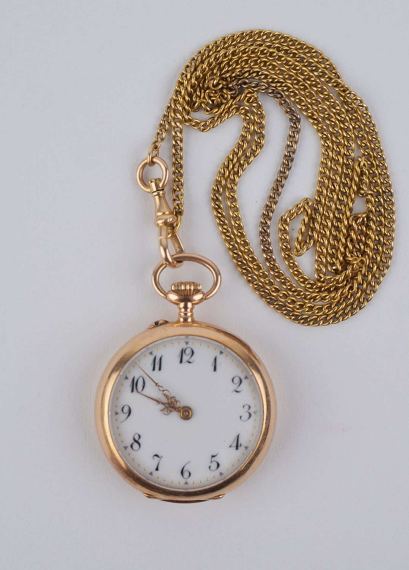 Damenumhängeuhr, 585er Gelbgold, an Goldkette, um 1900