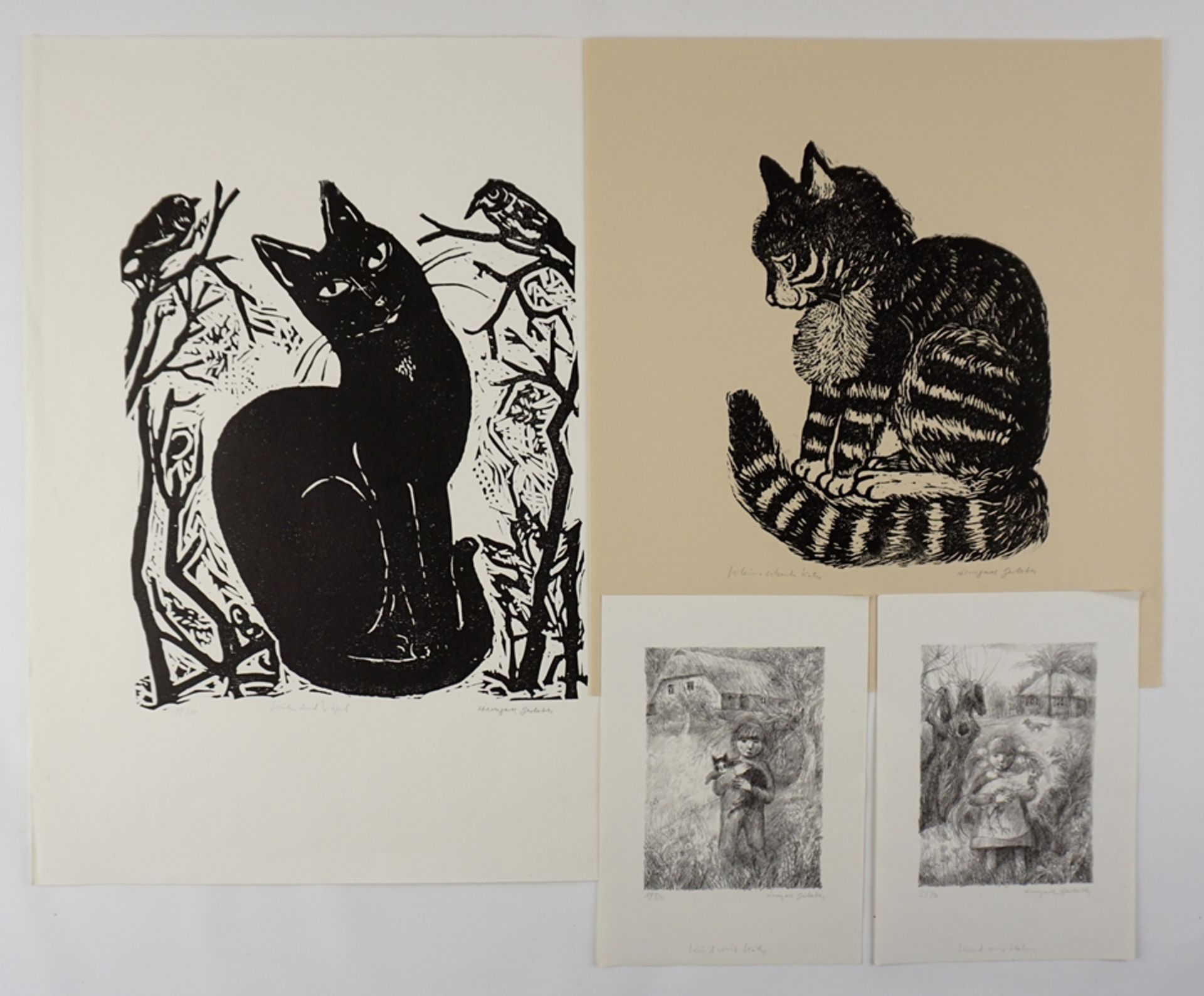 Hildegard Gerbeth (*1934, Berlin), Konvolut von 4 Druckgrafiken "Kinder und Katzen", Lithografien/H