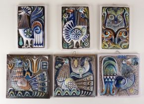 6 eckige Keramikreliefbilder mit Vogelmotiven, 3x 18,5cmx18,5cm und 3x 19,5cmx13cm