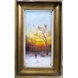 Unbekannter Künstler, Sonnenuntergang im Winter, Öl auf Holz, unsigniert, Maße: H. 20 cm, B. 10,5