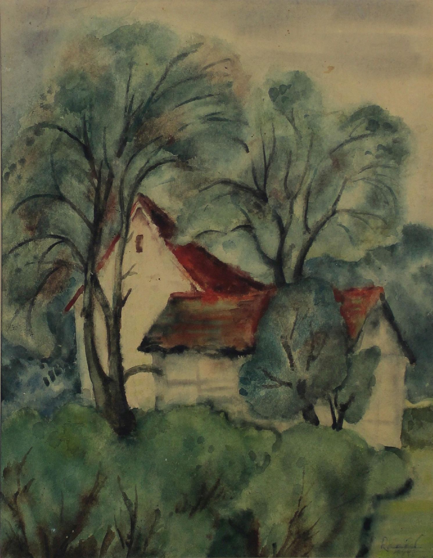 Unbekannter Künstler, Haus im Wald, Aquarell auf Papier, unten rechts undeutlich signiert,