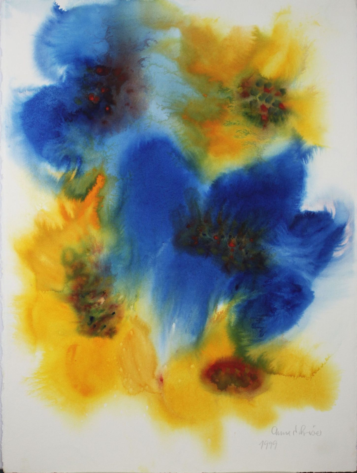 Anne Schroer, zwei Aquarellen, Blumen Lila, Blumen Blau-Gelb, 1999, jeweils sign., Maße: 49 x 49 cm, - Image 3 of 3