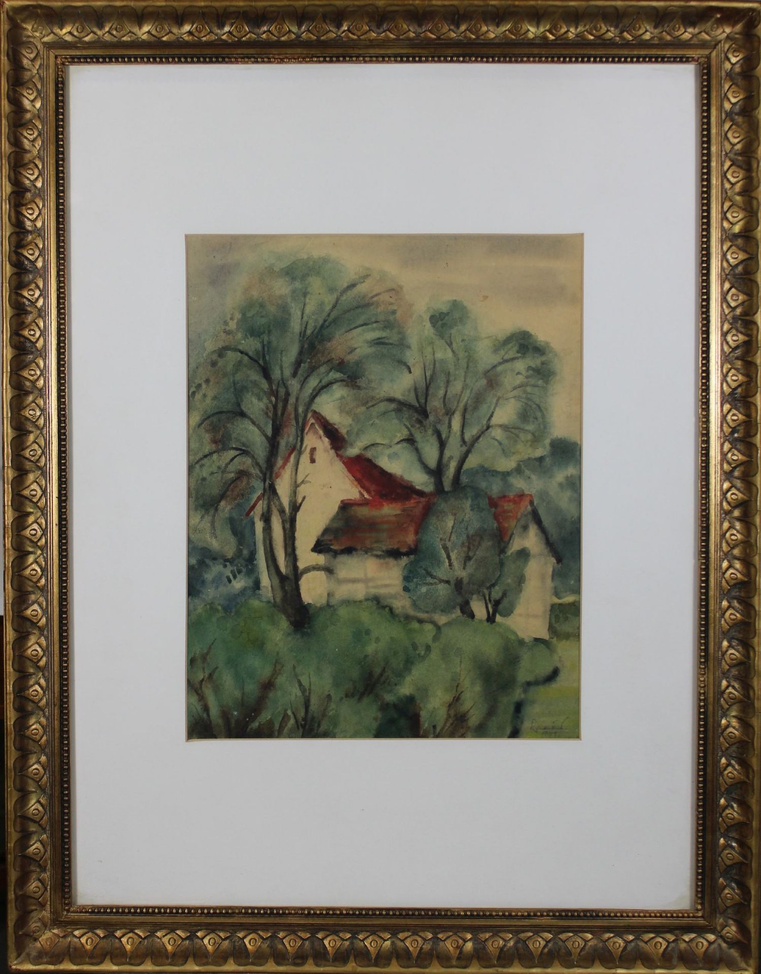 Unbekannter Künstler, Haus im Wald, Aquarell auf Papier, unten rechts undeutlich signiert, - Image 2 of 3