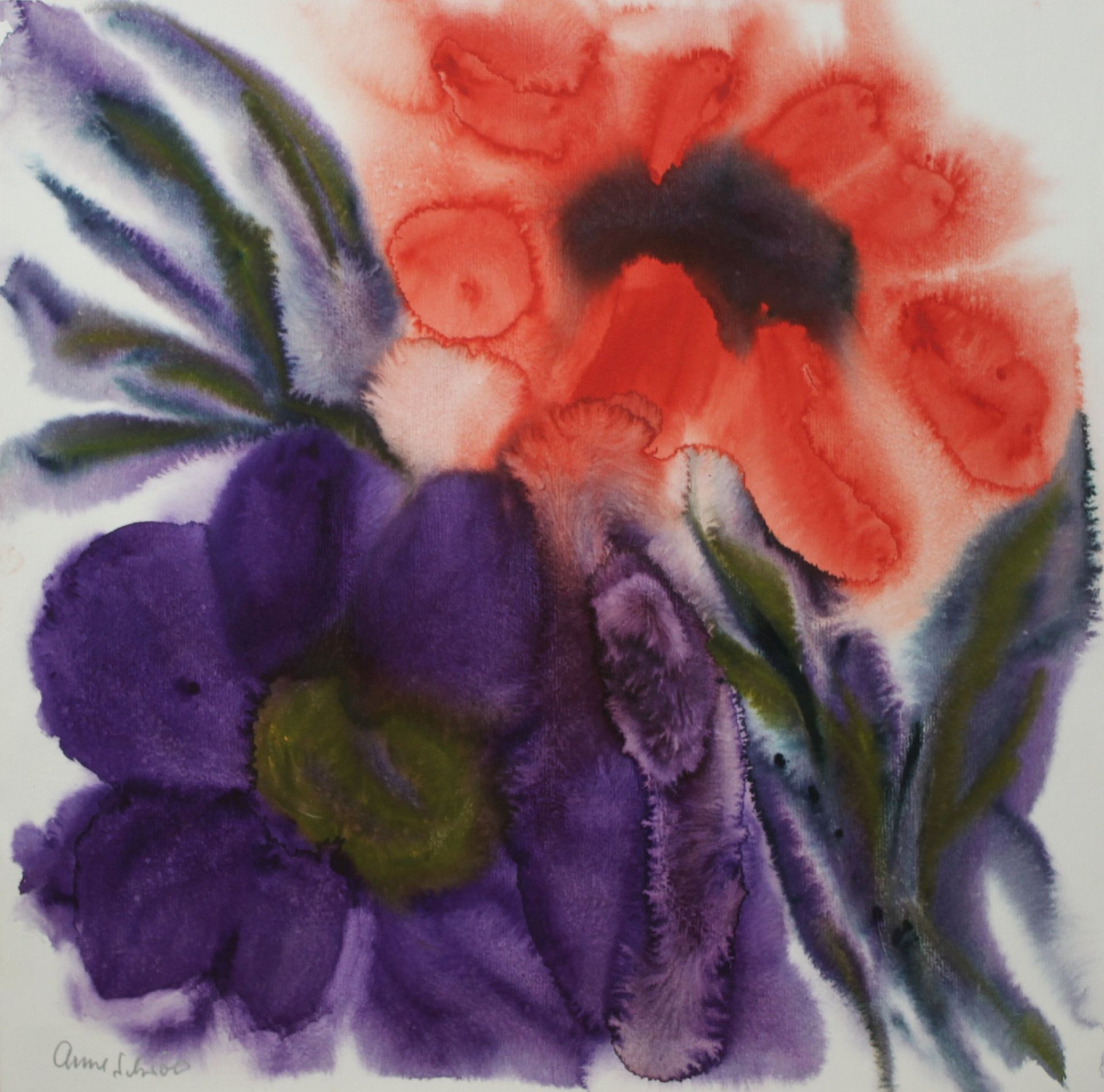 Anne Schroer, zwei Aquarellen, Blumen Lila, Blumen Blau-Gelb, 1999, jeweils sign., Maße: 49 x 49 cm,