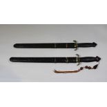 Konvolut zwei chinesische Schwerter, Holzschnitt an Griffen und Scheiden, Klingenlängen: 56 cm,