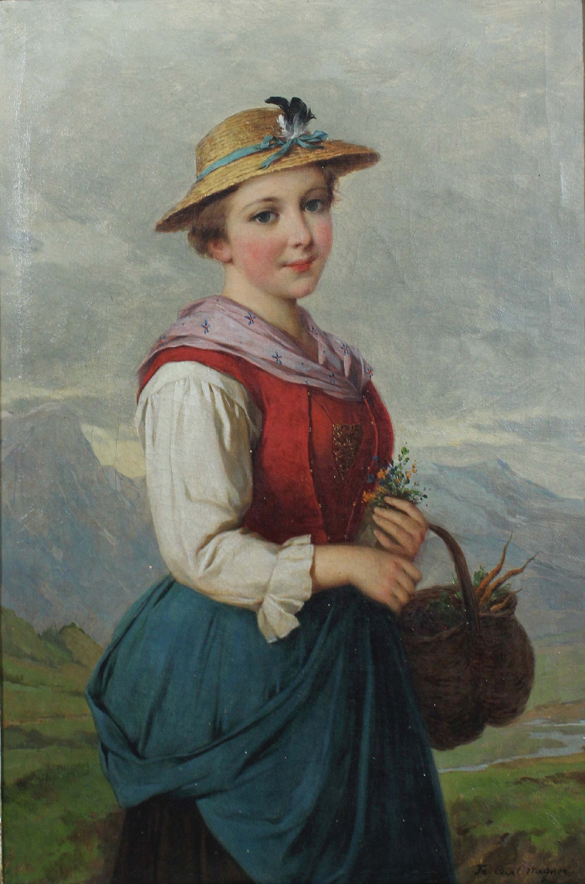 Frederich Carl Wagner, Frau mit Korb, Öl auf Leinwand, unten rechts signiert, Maße: 36,5 x 52,5