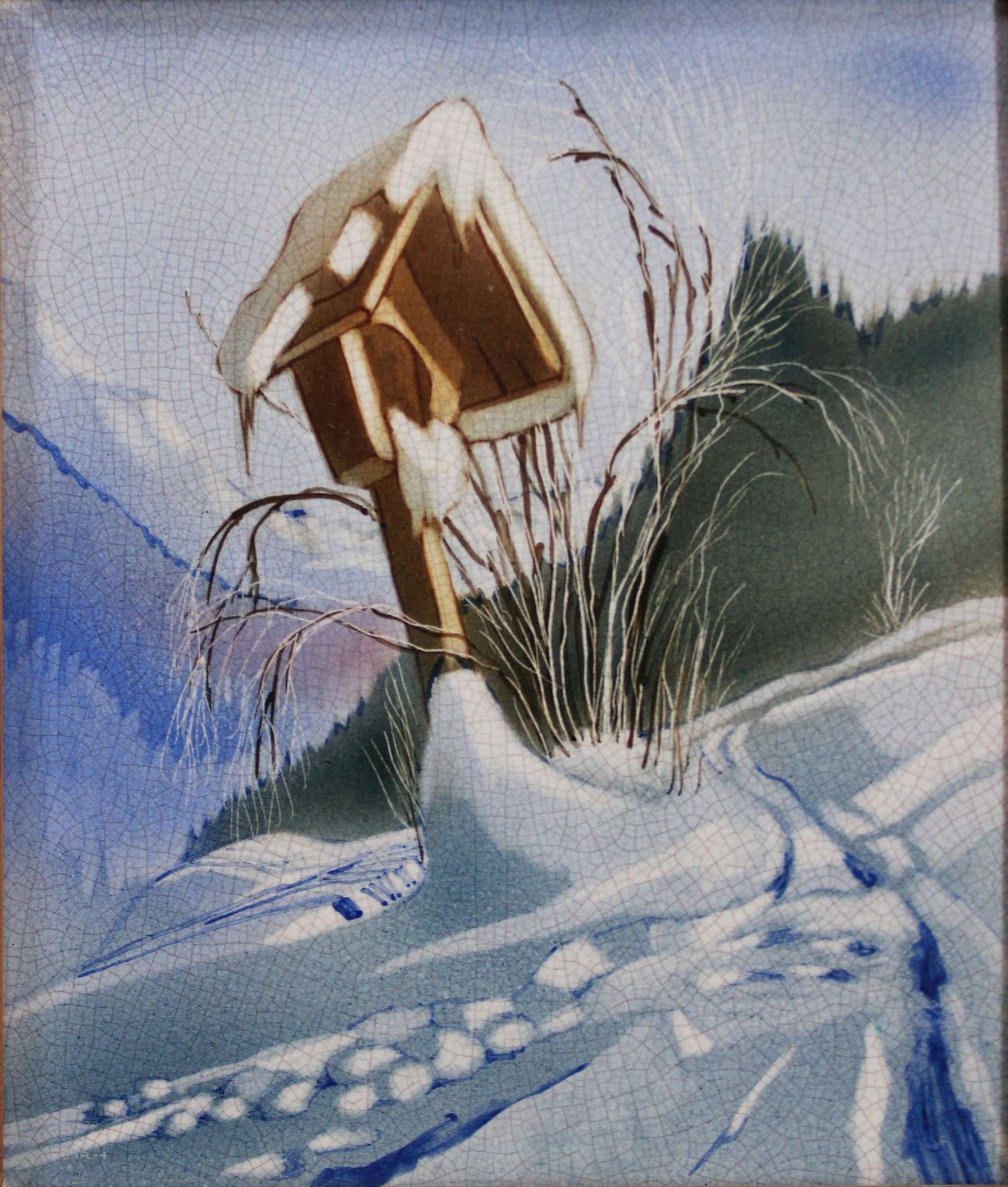 Keramikbild, Winter, Rosenthal, Maße: 24 x 28,5 cm, Rahmen: 31 x 35,5 cm. Guter, altersbedingter