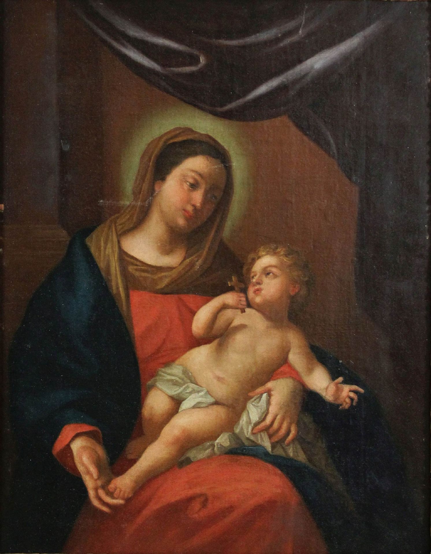 Unbekannter Künstler, Maria mit dem Kind, 18./19. Jh., Öl auf Holz, unsigniert, Maße: 39,5 x 51