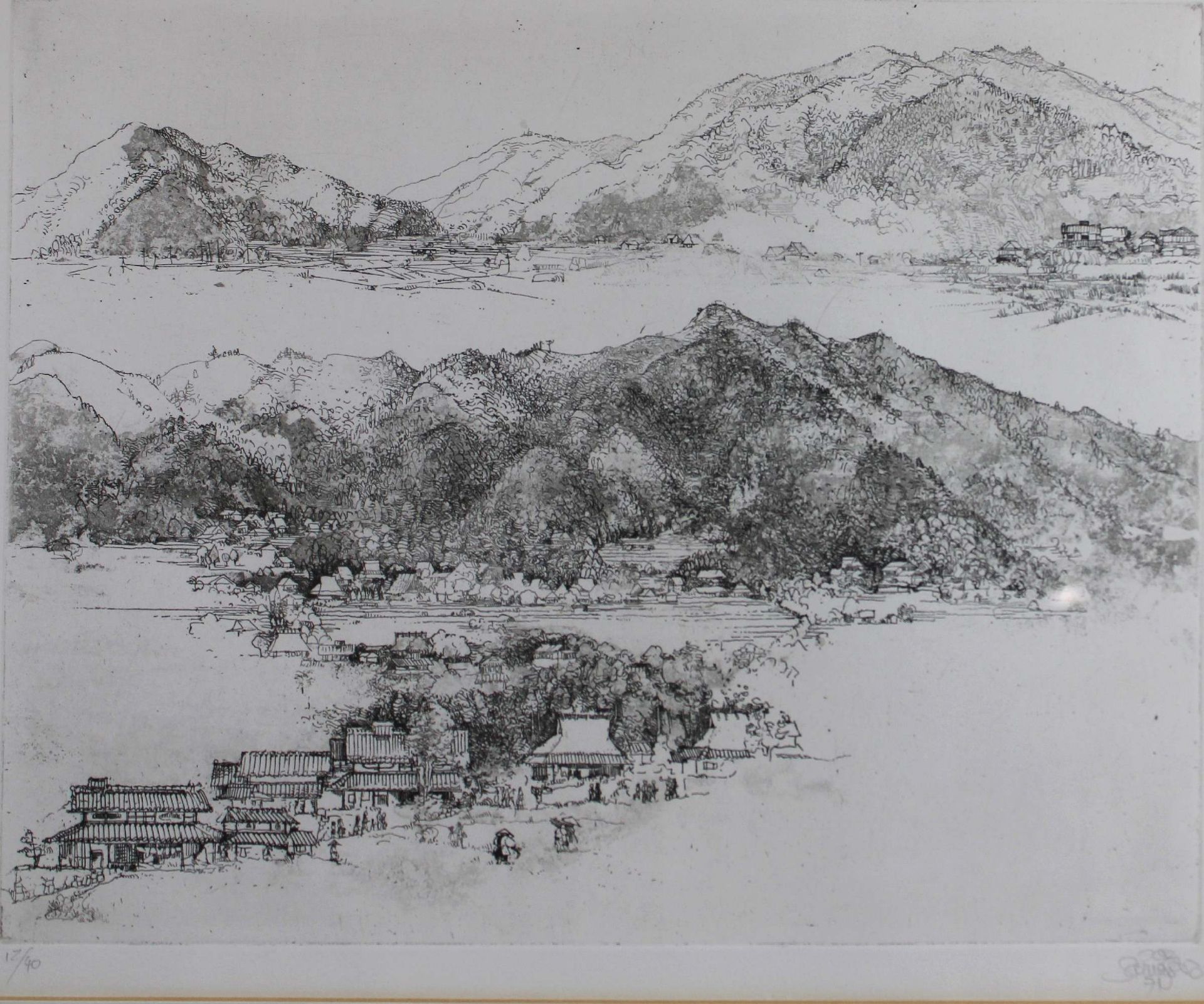 Unbekannter Künstler, Paar asiatische Berglandschaften, Farbradierung, unten rechts unleserliche - Bild 4 aus 4
