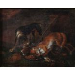 Unbekannter Künstler, Hund und Fuchs, 19. Jh., Öl auf Holz, unsigniert, Maße: 22 x 17 cm, Rahmen: