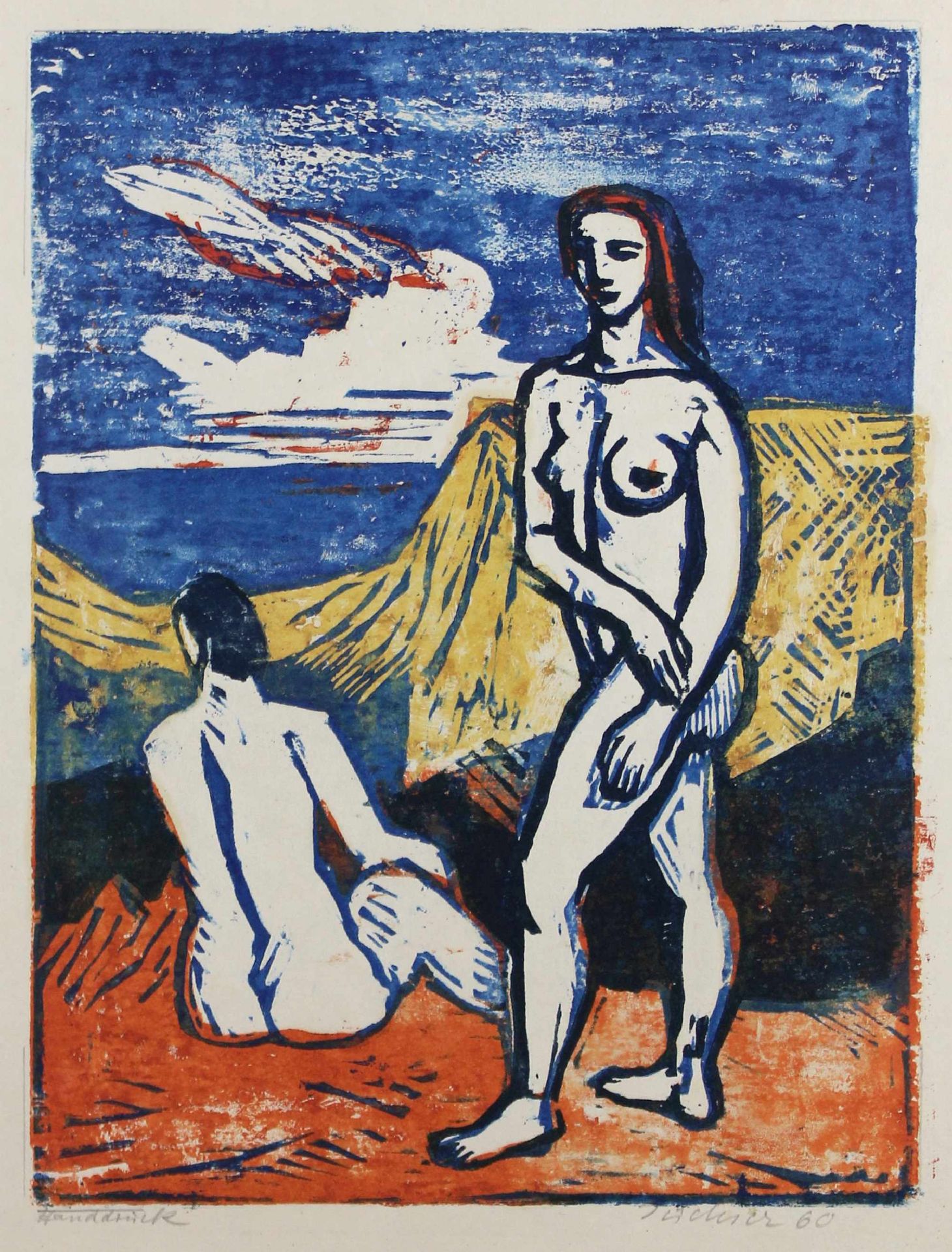 Hans Jüchser (deutsch, 1894 - 1977), Frauen am Strand, Handdruck, unten rechts signiert und