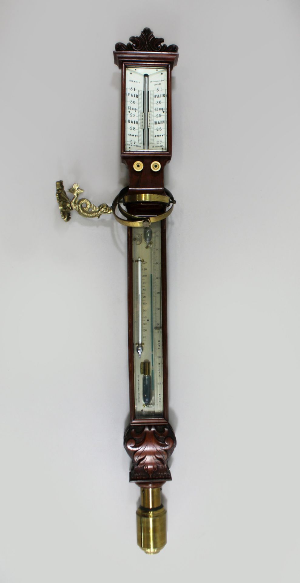 Barometer, England, Ende 19. Jh., Eichengehöuse, Hersteller: John Poole, L. 97 cm, B. 12 cm, T. 5