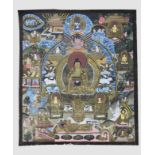 Thangka Buddha Lebenslauf, Tibet/China, Maße: B.: 36 cm, H.: 40,5 cm. Altersgemäßer Zustand mit Geb