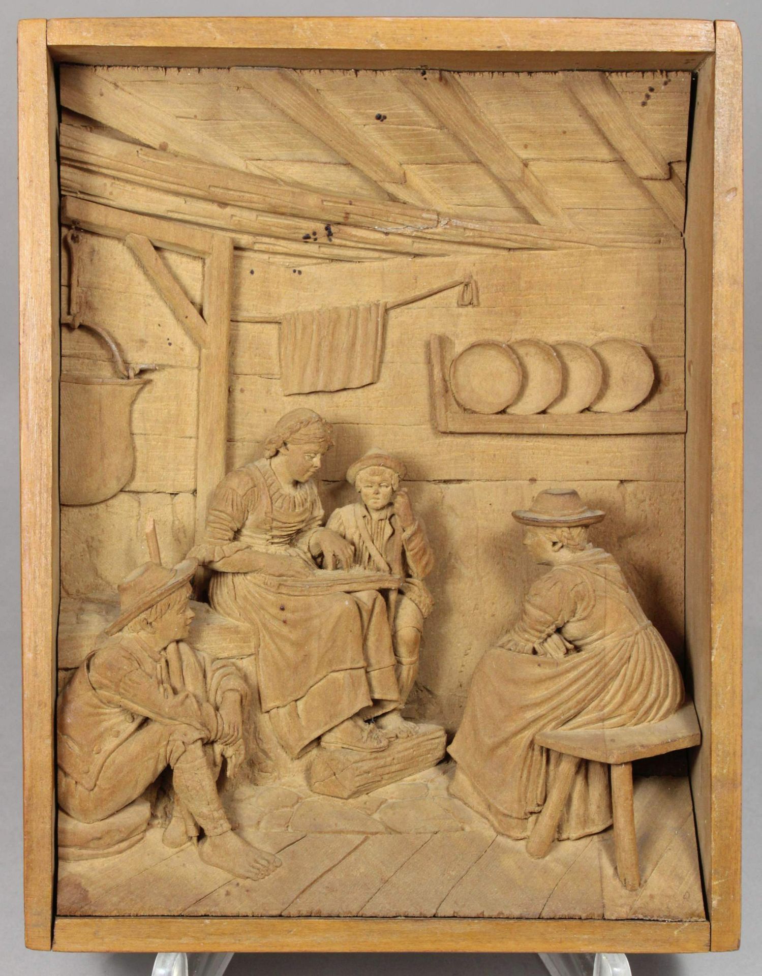 Paar Reliefschnitzereien, Holz, figürlichen Szenen, Maße: 12 x 15,5 cm. Altersgemäß guter Zustand, - Image 3 of 4