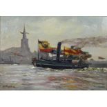 Cornelius Wagner (deutsch, 1870 - 1956), 100 Jahre Düsseldorfer Hafen, 1928, Öl auf Holz, unten lin