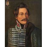Portrait eines adligen Herrn in Uniform, 19. Jh., Öl auf Leinwand, unsigniert, oben links mit Wappe
